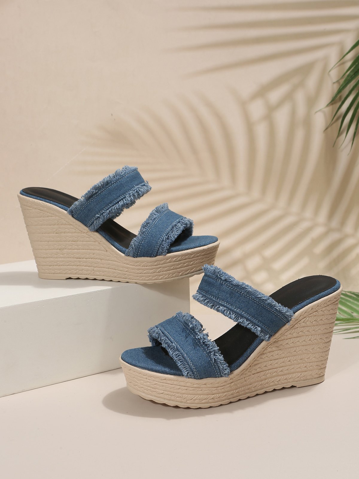 Blue Denim Fringe Wedge Heel Mule Sandals