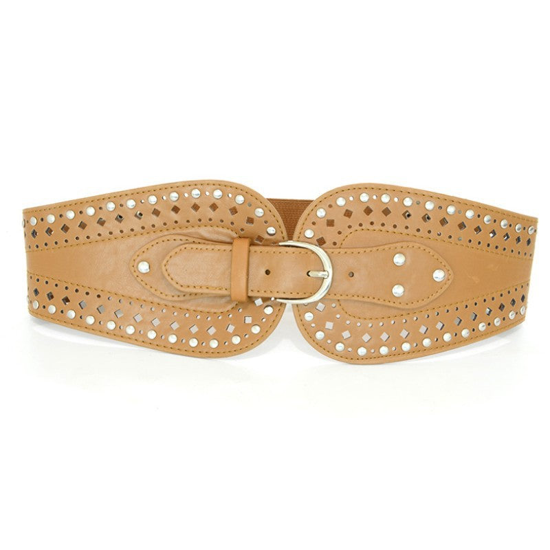 Vintage Plain Rivet Hollow Pin Buckle Elastic Wide Belt