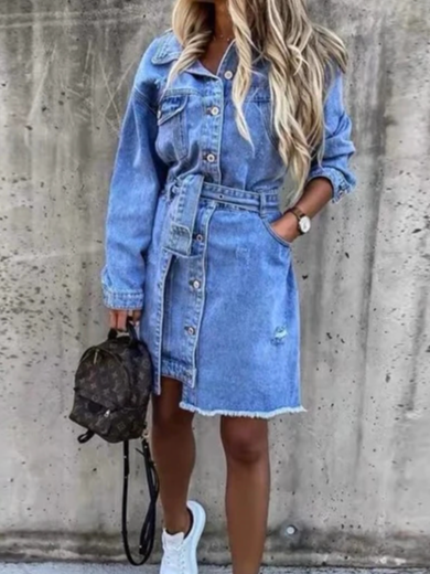 Casual Plain Denim Denim Dress With Belt