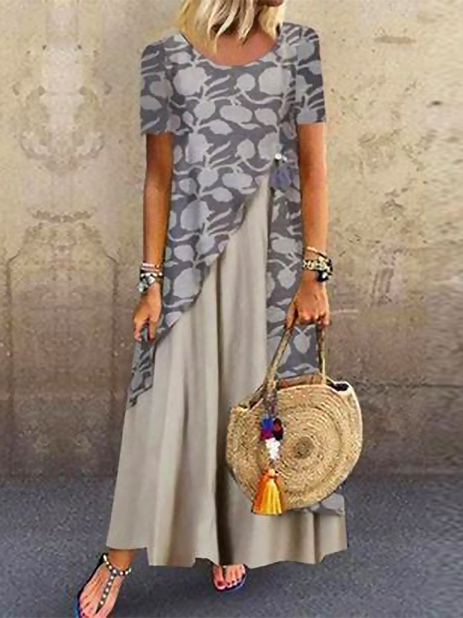 Grey Print Short Sleeve Maxi Dress