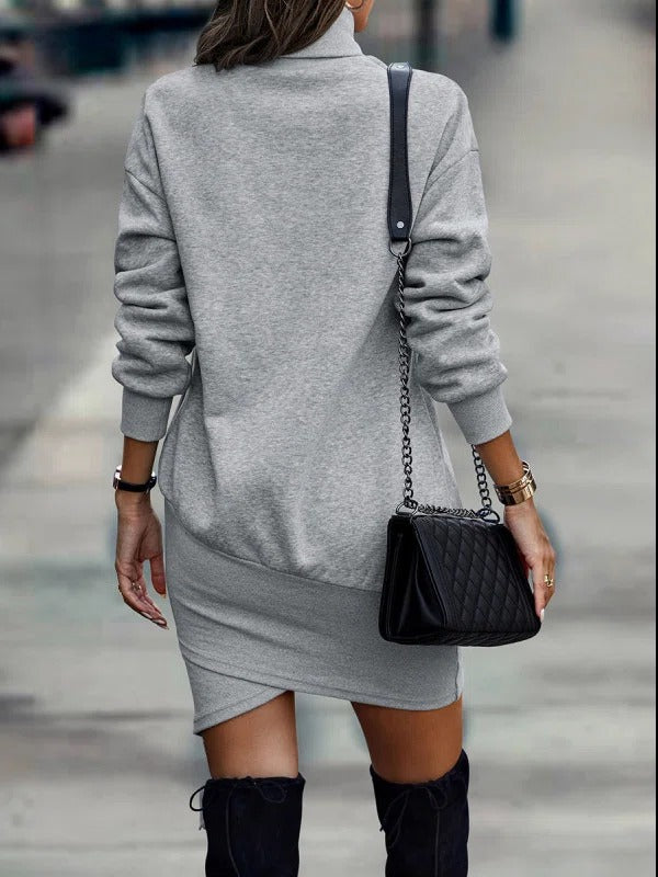 Gray High Neck Asymmetrical Long Sleeve Mini Dress