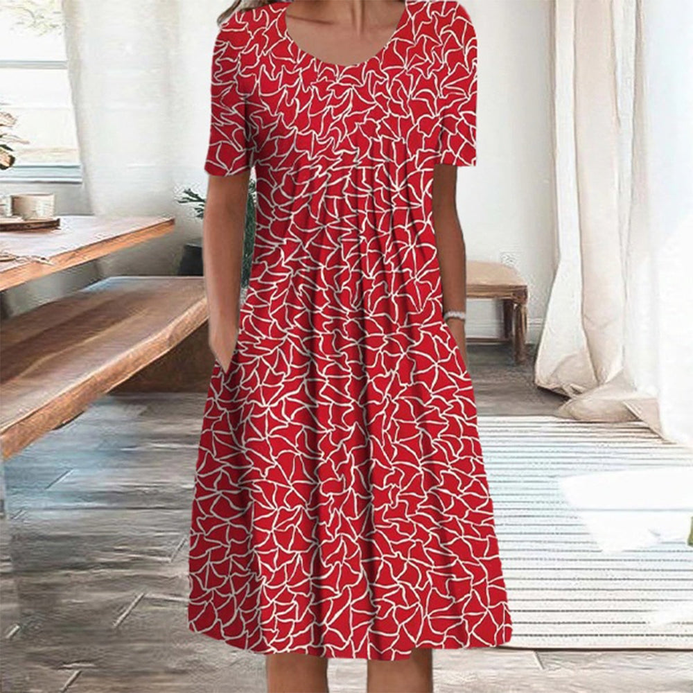 Garnet Red and White Fancy Print Pleated Midi Dress