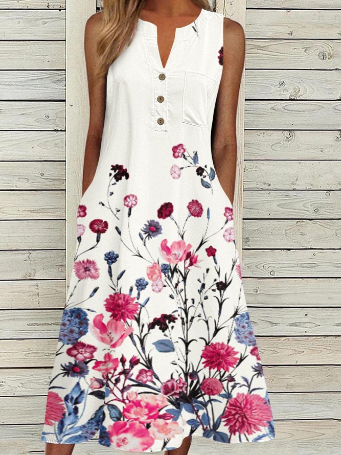 Romantic Floral Print Sleeveless Midi Dress