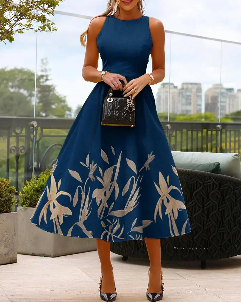 Navy Print Sleeveless Midi Dress