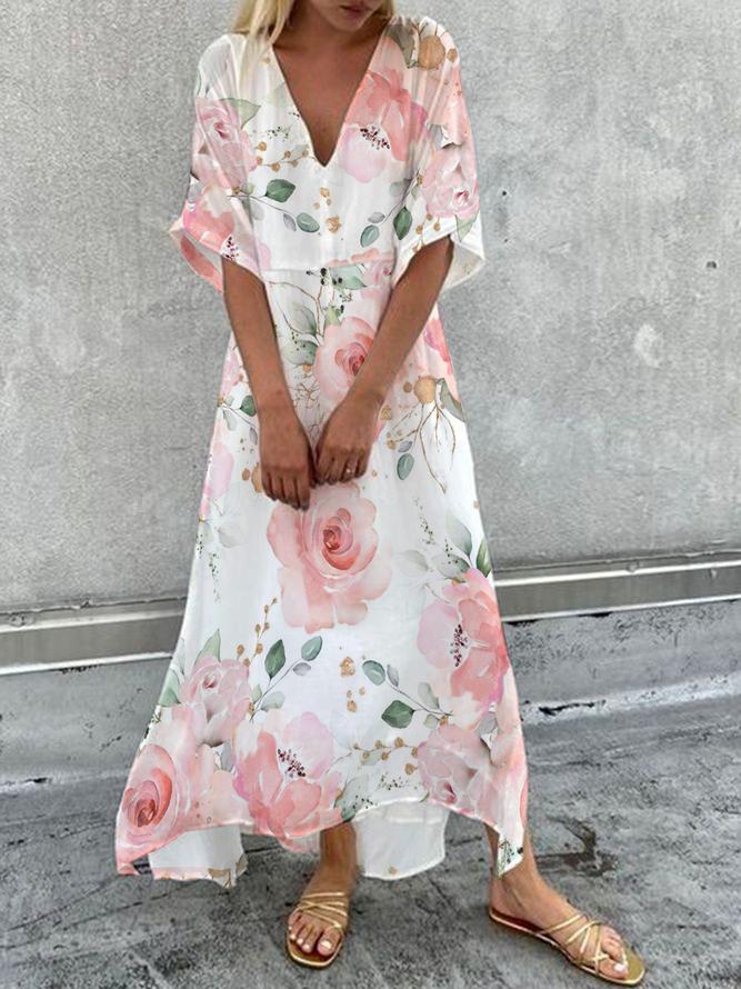 Romantic Floral Print V-Neck Maxi Dress