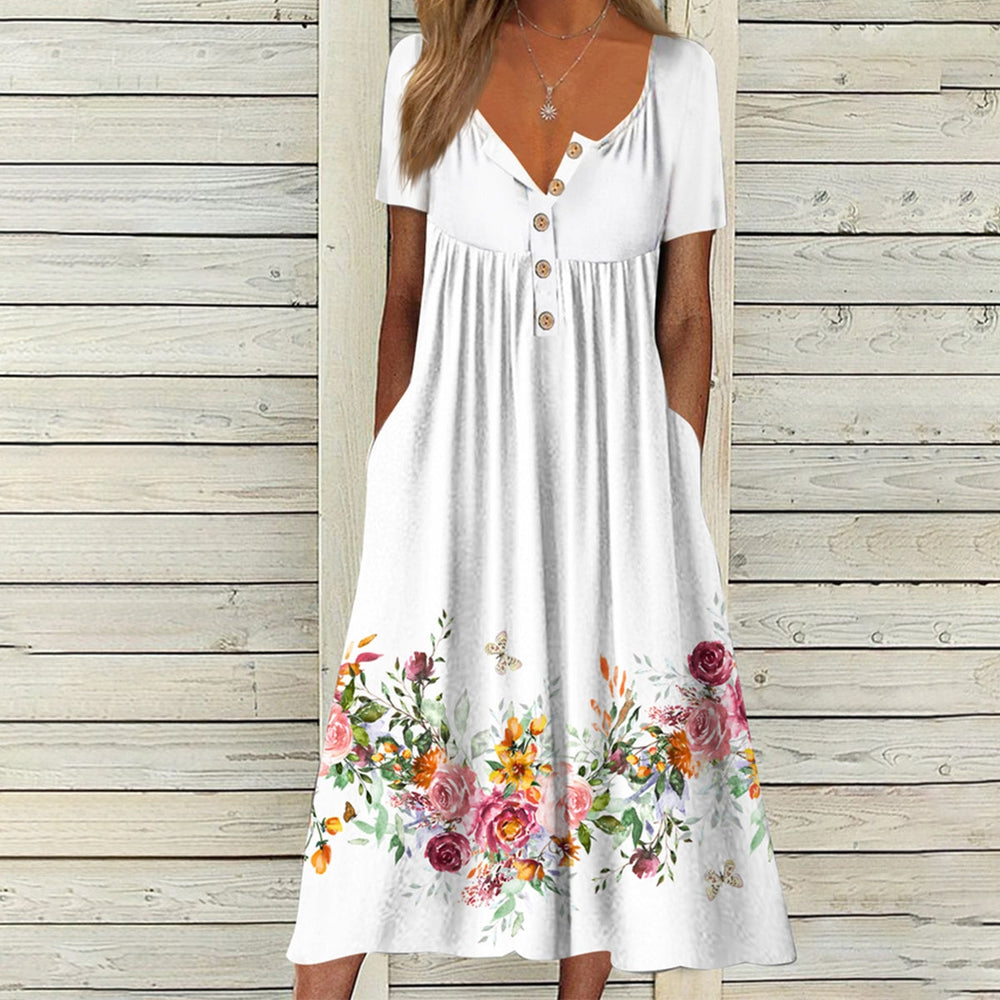 Popular Floral Print Short Sleeve Midi Dress