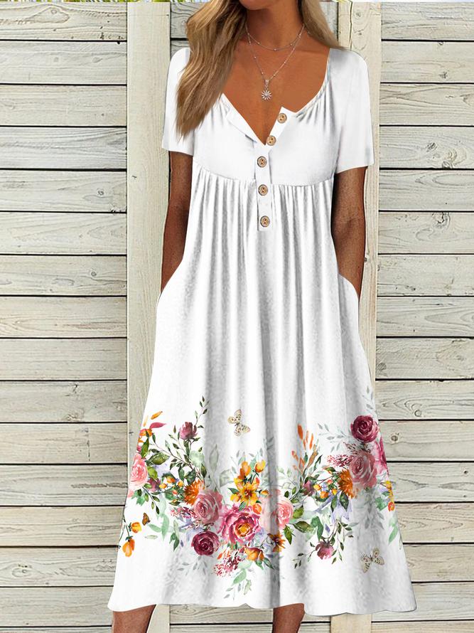 Popular Floral Print Short Sleeve Midi Dress