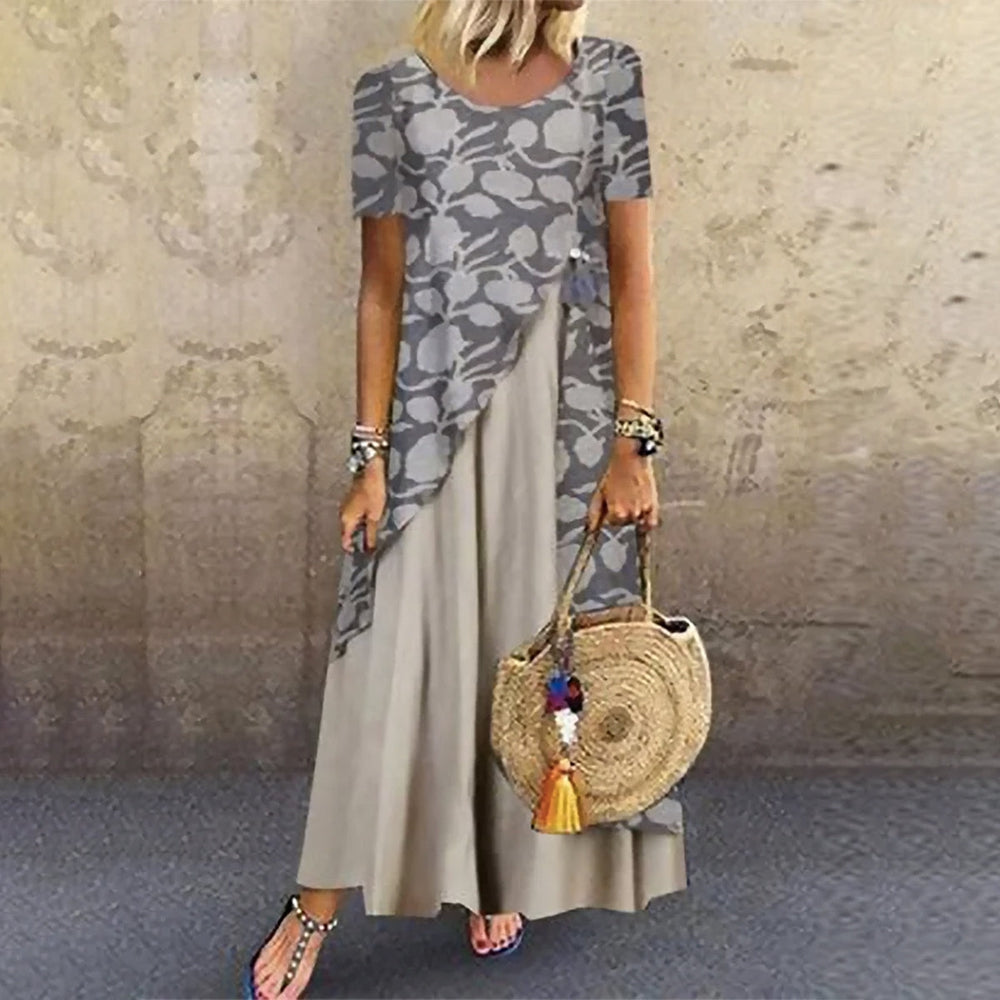 Grey Print Short Sleeve Maxi Dress