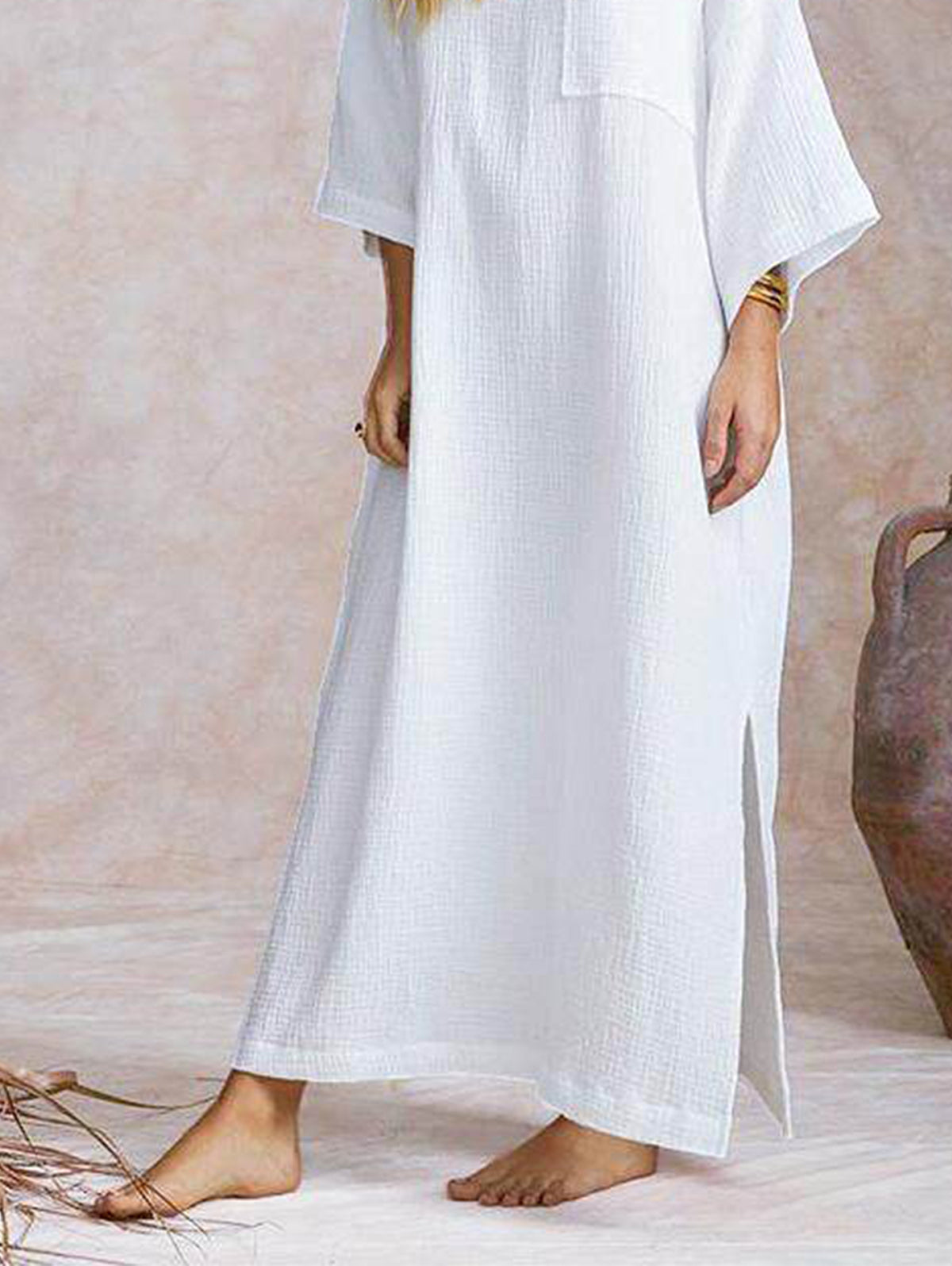 Casual Plain Crew Neck 3/4 Sleeve Loose Split Maxi Shift Dress