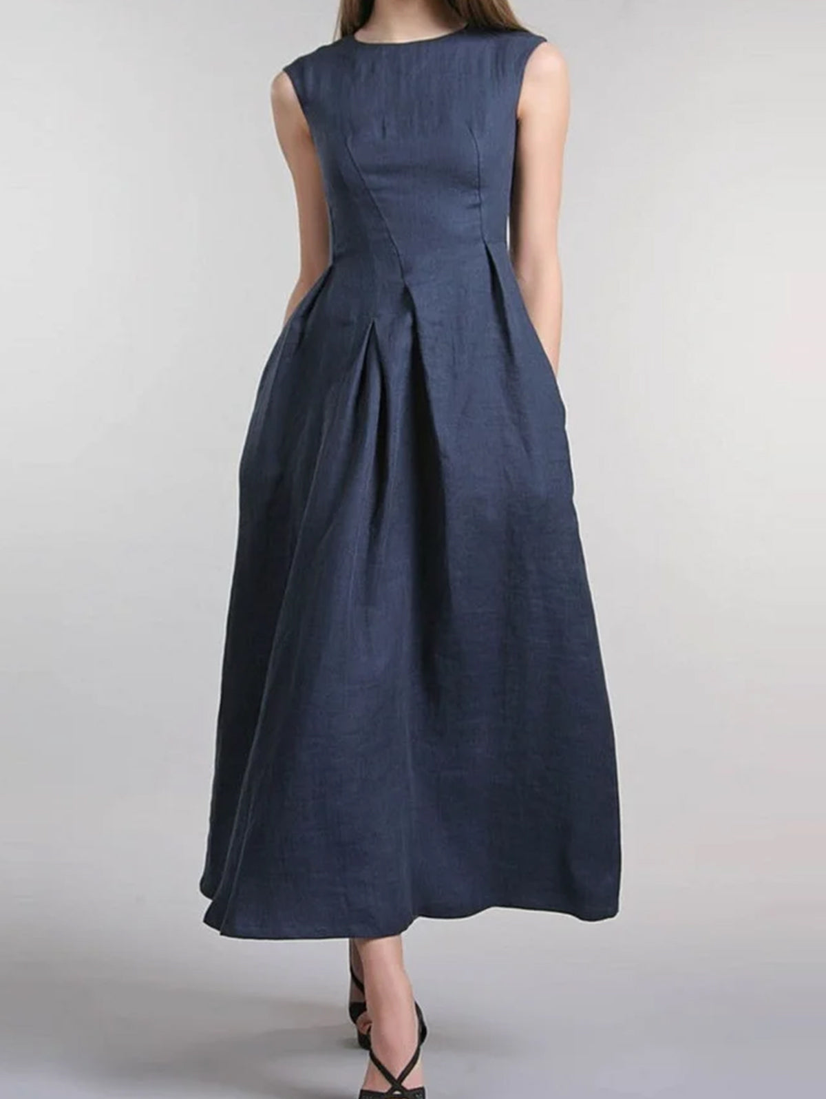 Casual Plain Crew Neck Sleeveless A Line Midi Tank Dress