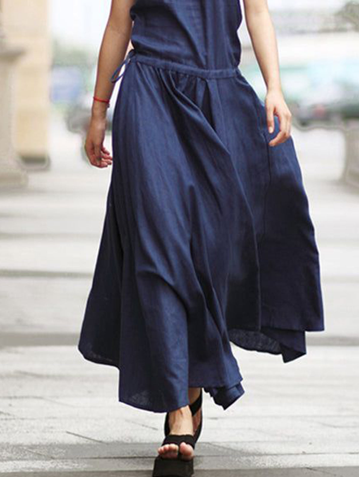 Casual Plain Scoop Neck Drawstring Ruched Sleeveless Maxi Tank Dress