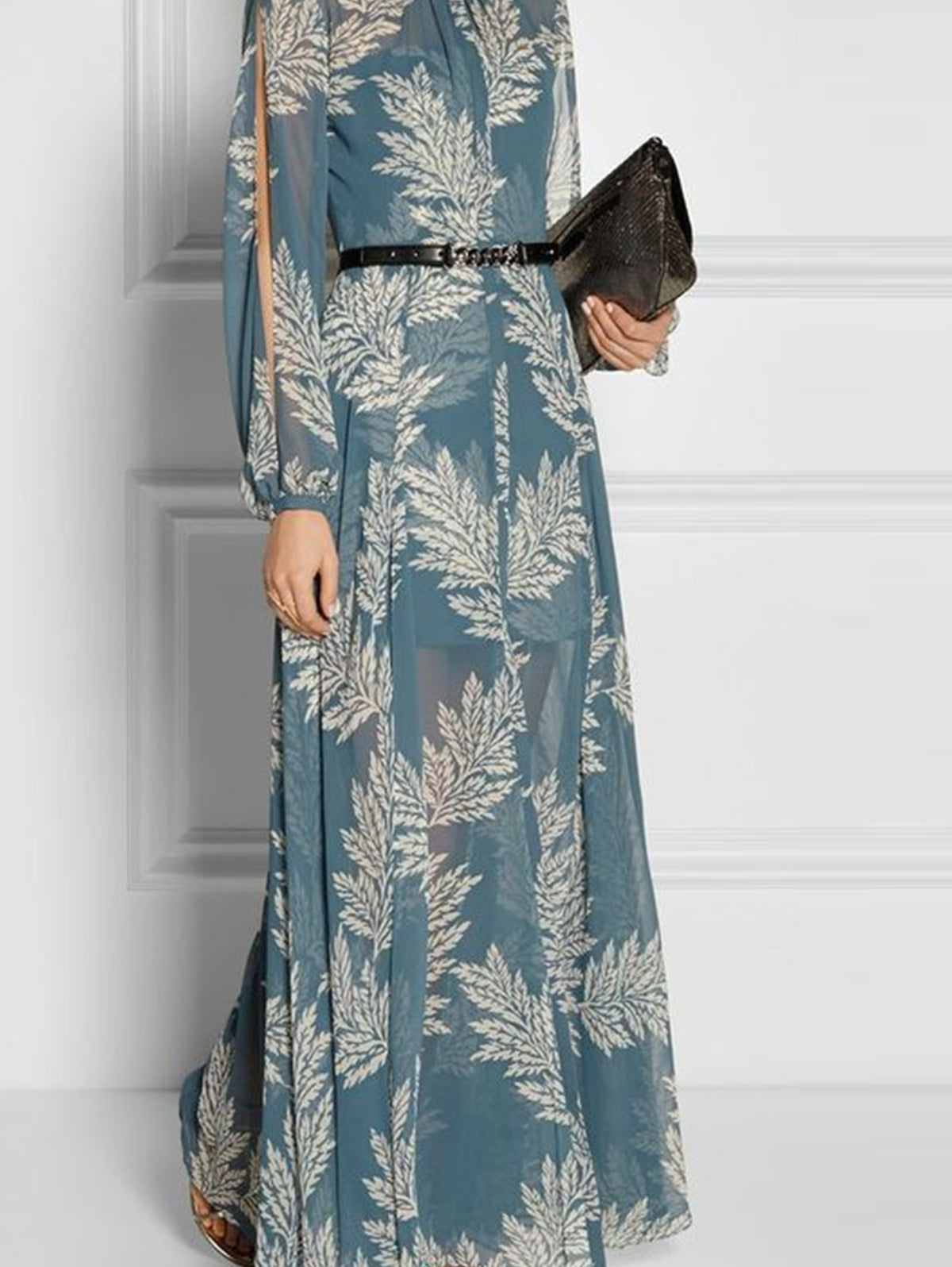 Elegant Crew Neck Foliage Print Split Sleeve A Line Maxi Dress