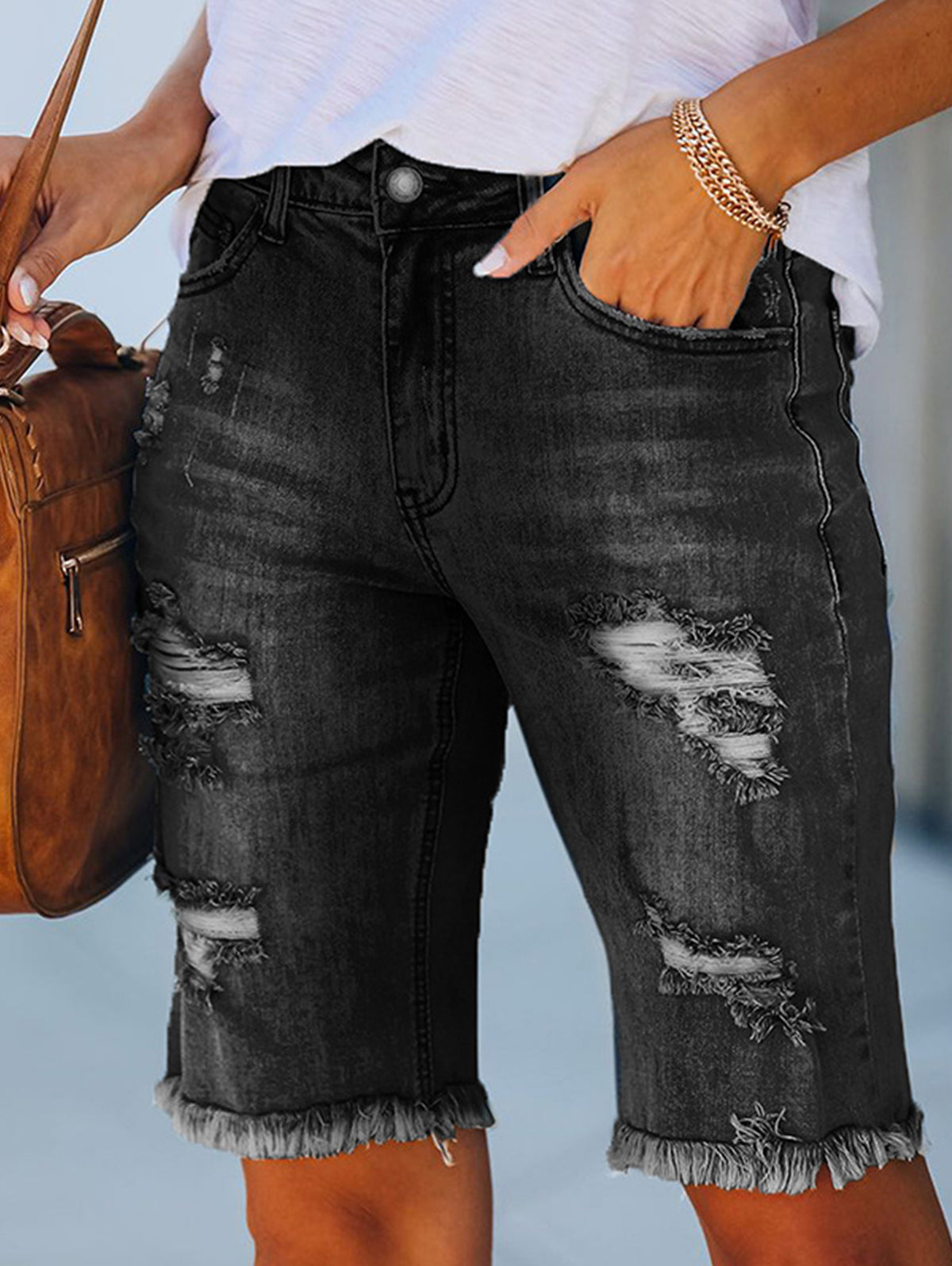 Fashion Plain Ripped Raw Hem Straight Denim Shorts