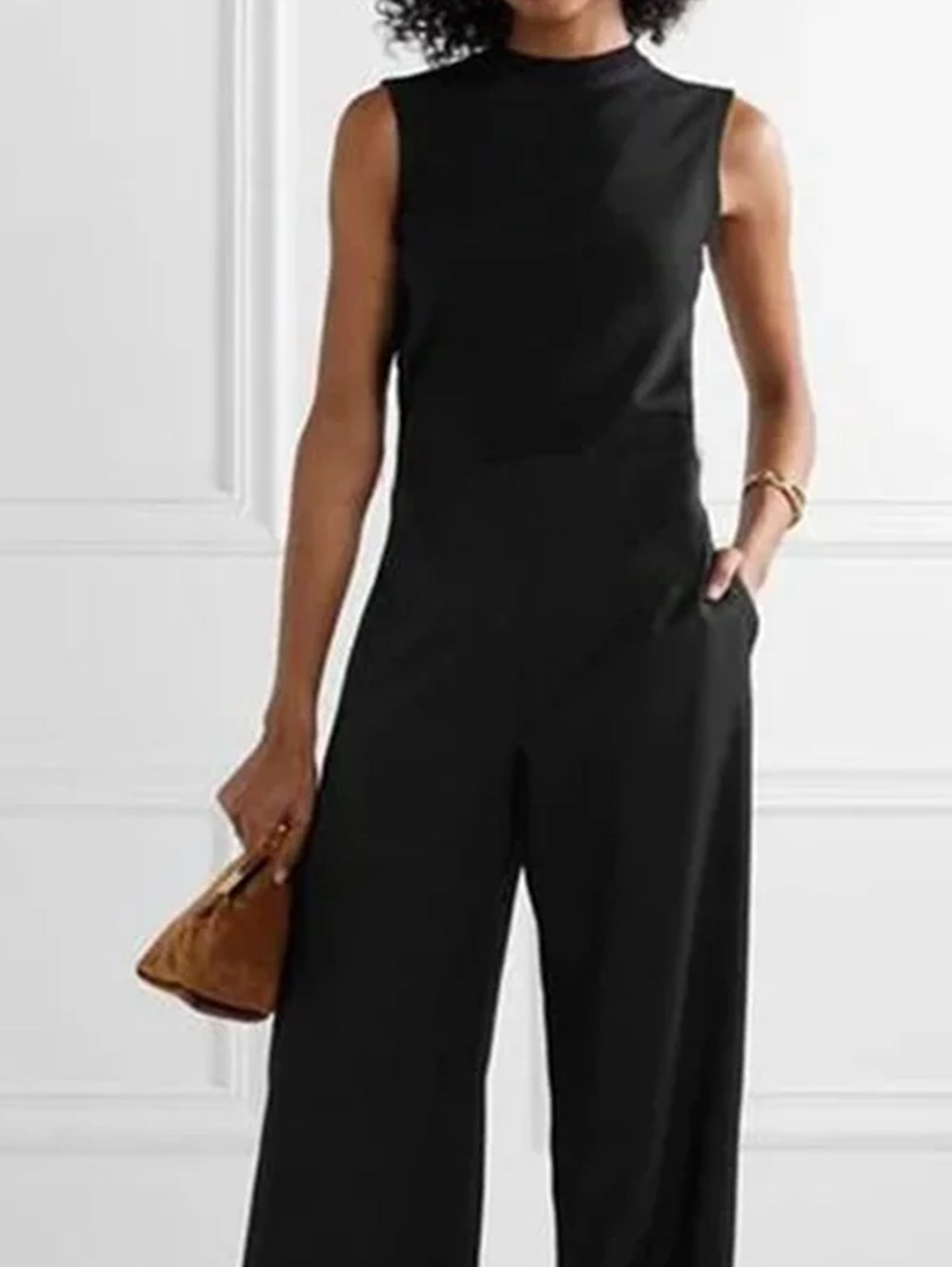 Casual Plain Crew Neck Sleeveless Wide Leg Tank Jumpsuit