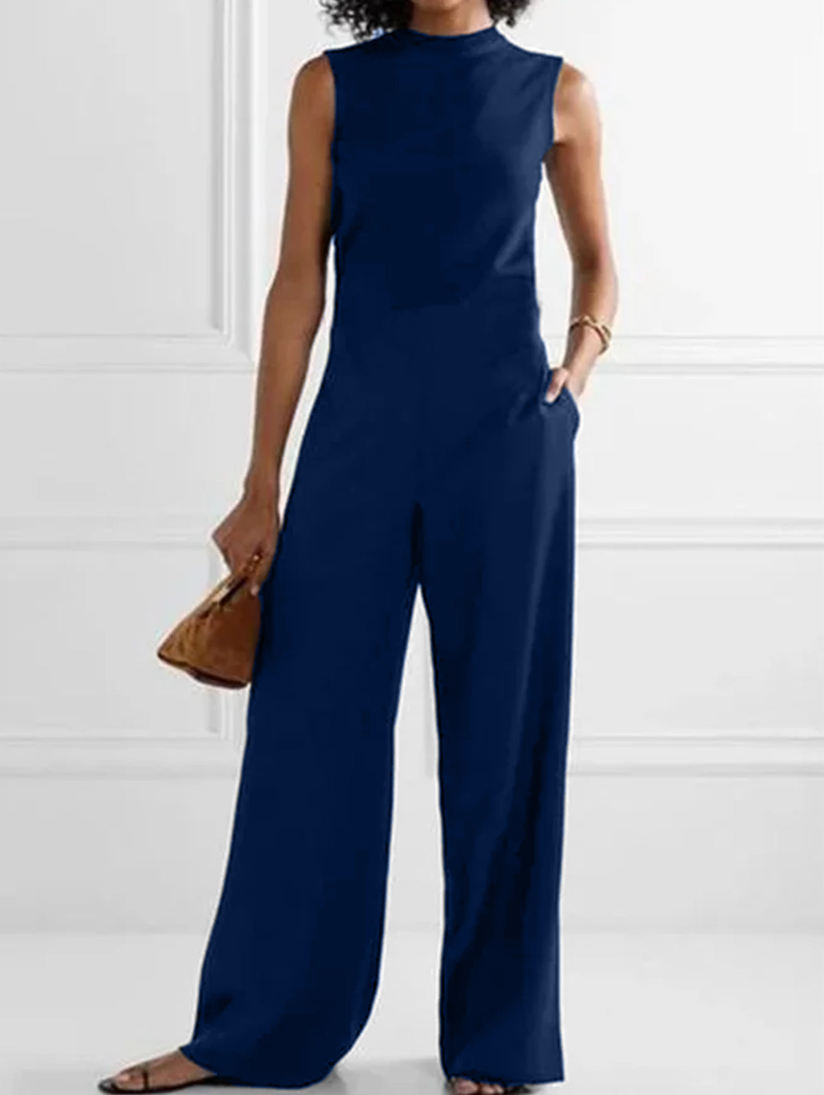 Casual Plain Crew Neck Sleeveless Wide Leg Tank Jumpsuit