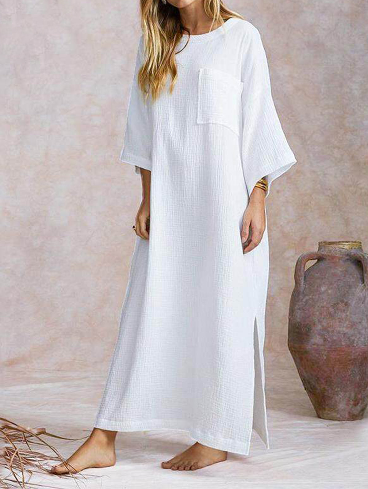 Casual Plain Crew Neck 3/4 Sleeve Loose Split Maxi Shift Dress