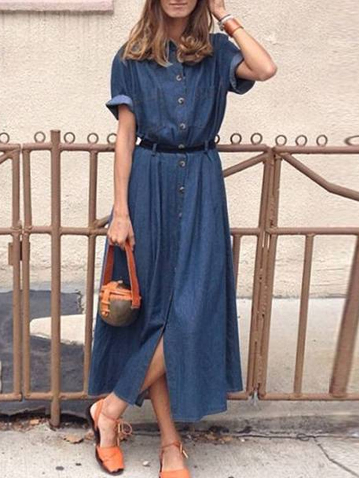 Casual Plain Lapel Collar Short Sleeve Midi Shirt Dress