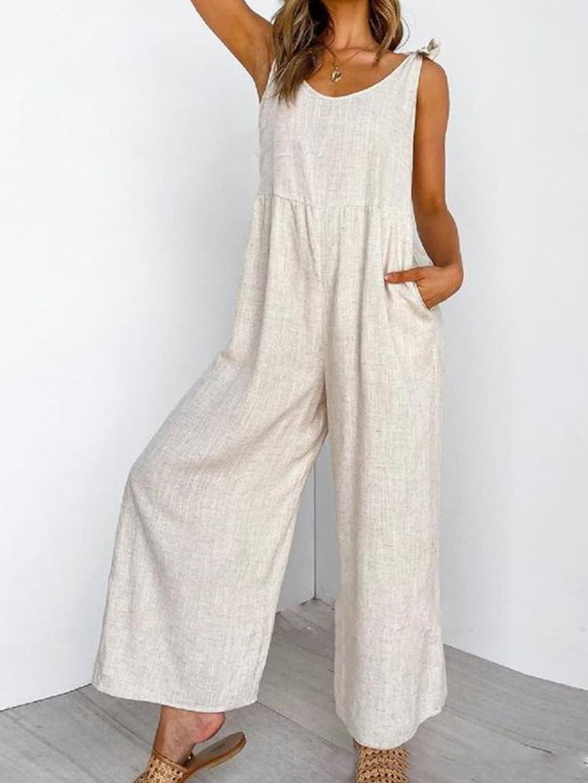 Casual Plain Scoop Neck Sleeveless Loose Wide Leg Cami Jumpsuit