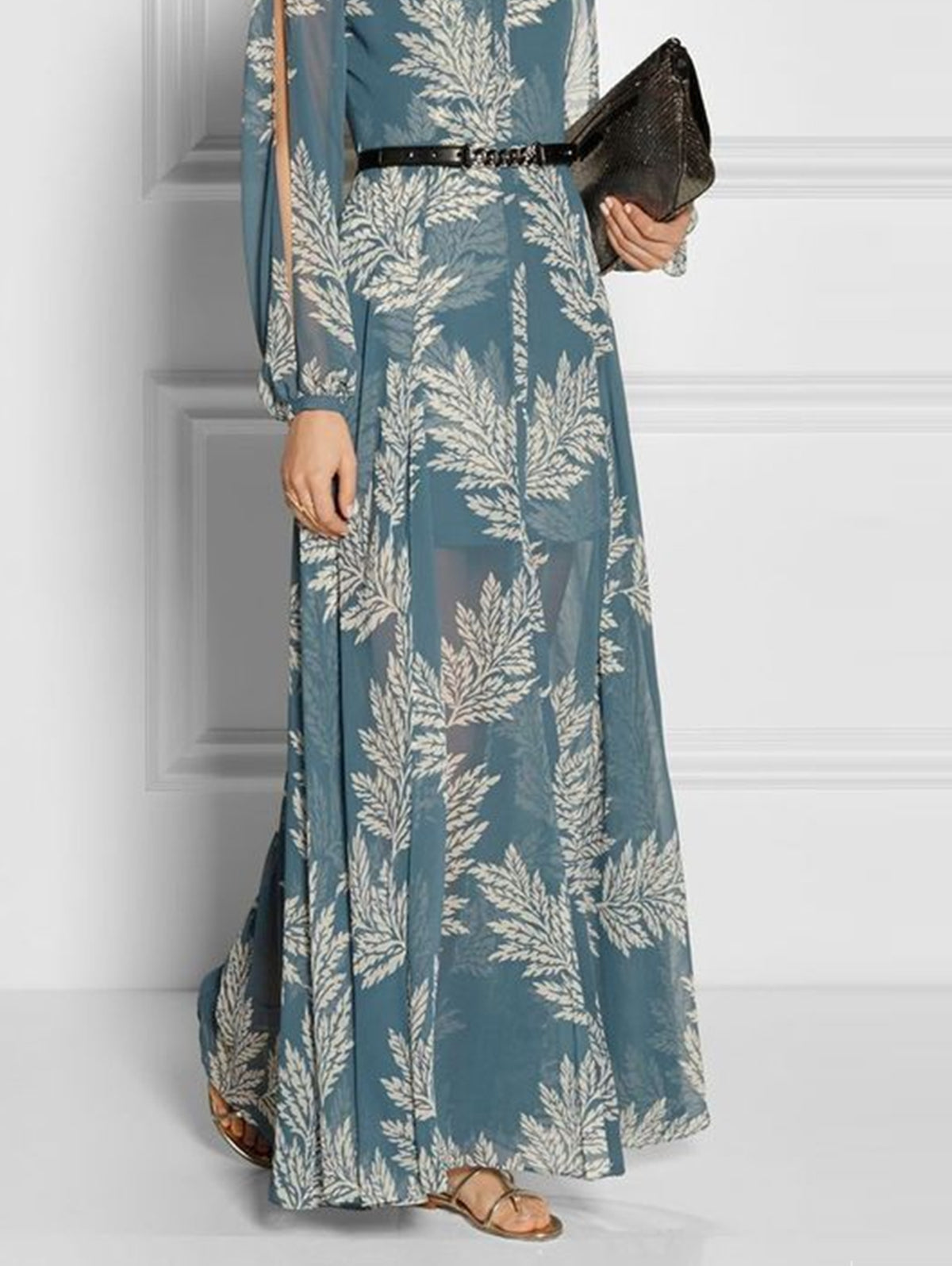 Elegant Crew Neck Foliage Print Split Sleeve A Line Maxi Dress