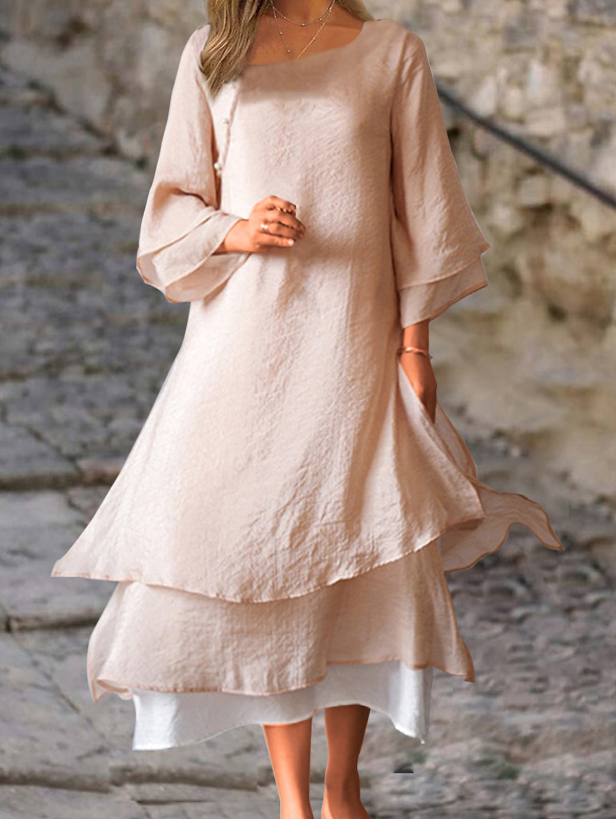 Casual Plain Crew Neck Layer Sleeve A Line Layered Midi Dress