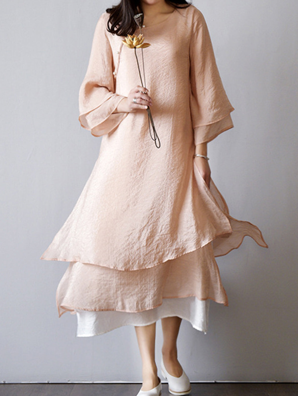 Casual Plain Crew Neck Layer Sleeve A Line Layered Midi Dress