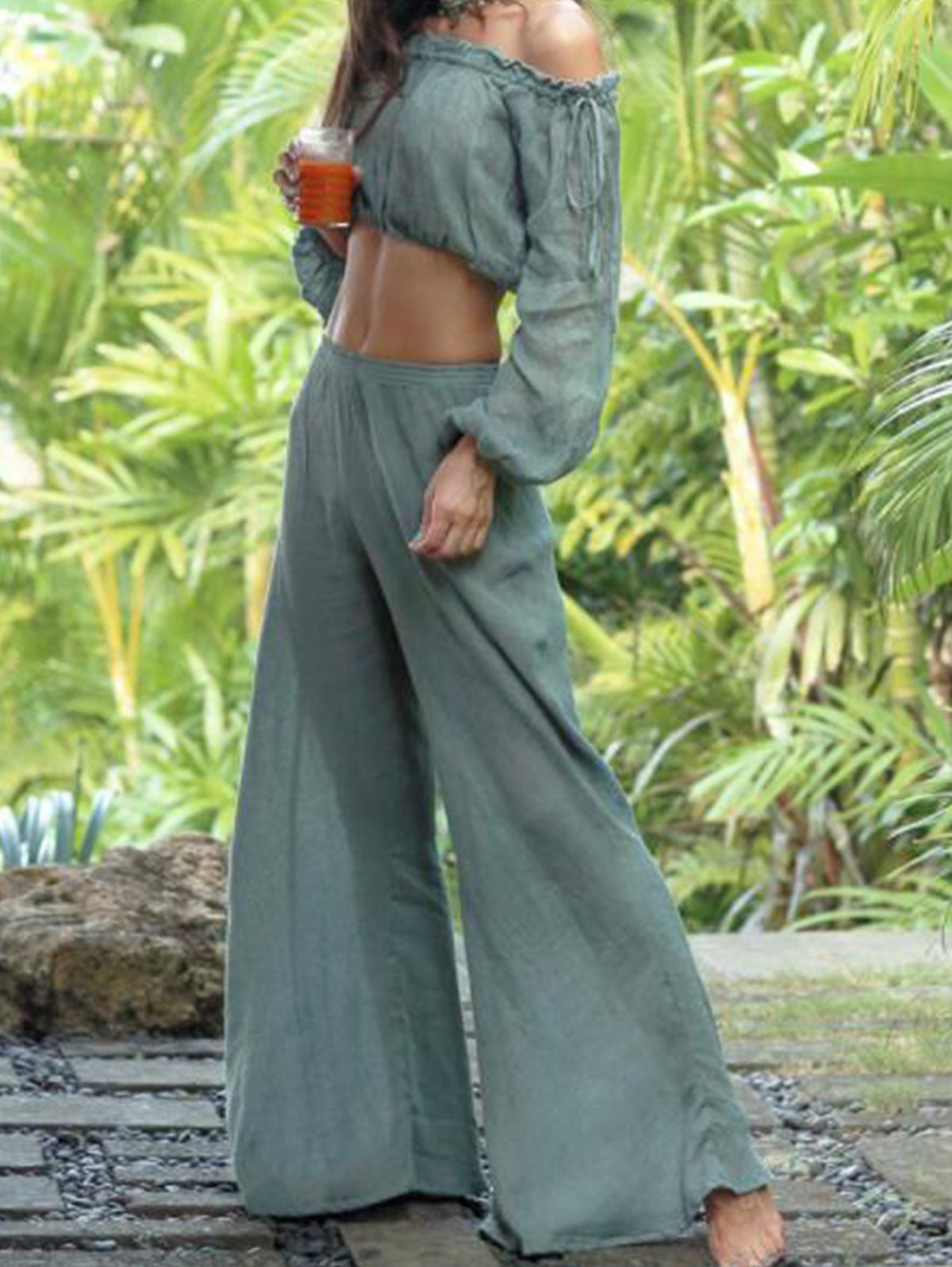 Vacation Casual Plain High Waist Loose Wide Leg Beach Pants