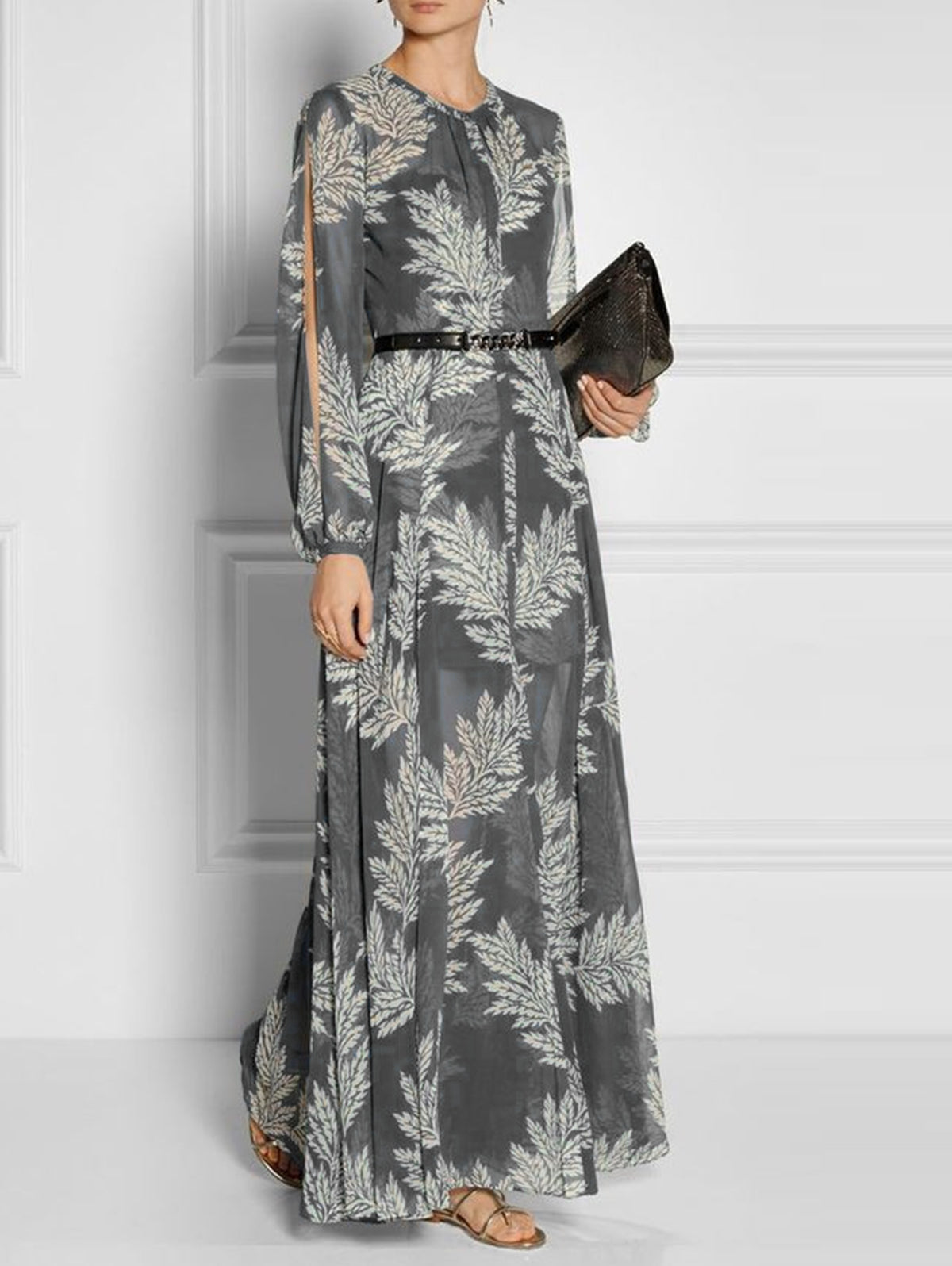 Elegant Crew Neck Foliage Print Split Sleeve A Line Maxi Dress