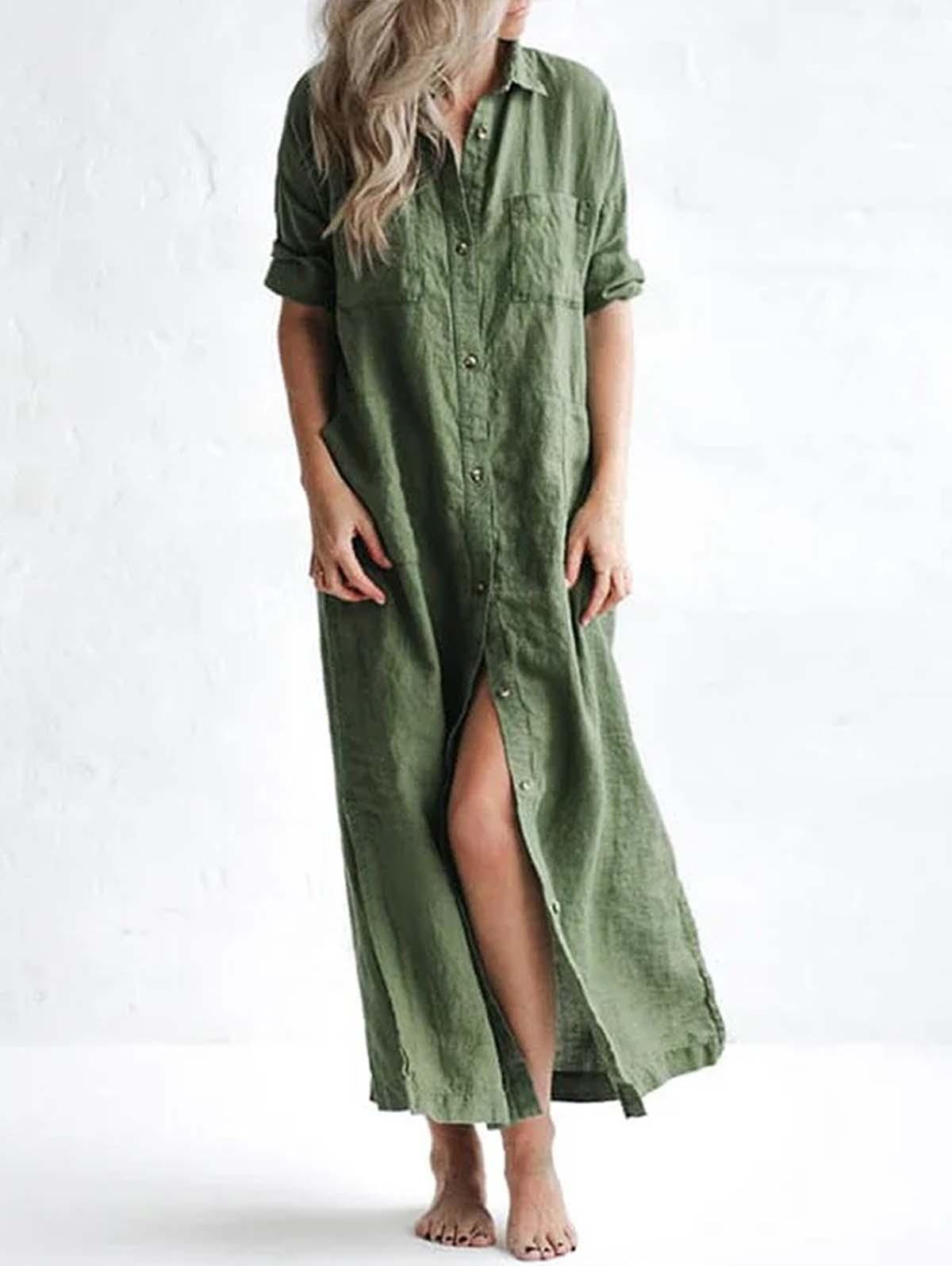 Casual Lapel Pocket Solid Color Split Shirt Dress