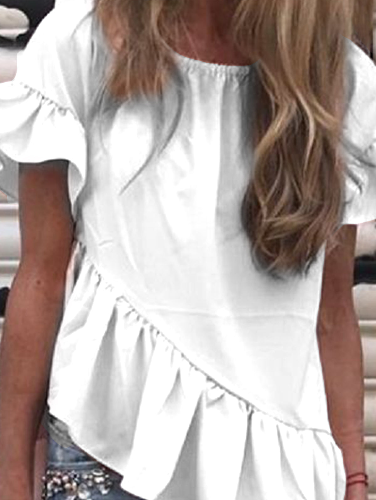 Cute Solid Color Flounce Sleeve Diagonal Hem Ruffle Shirt