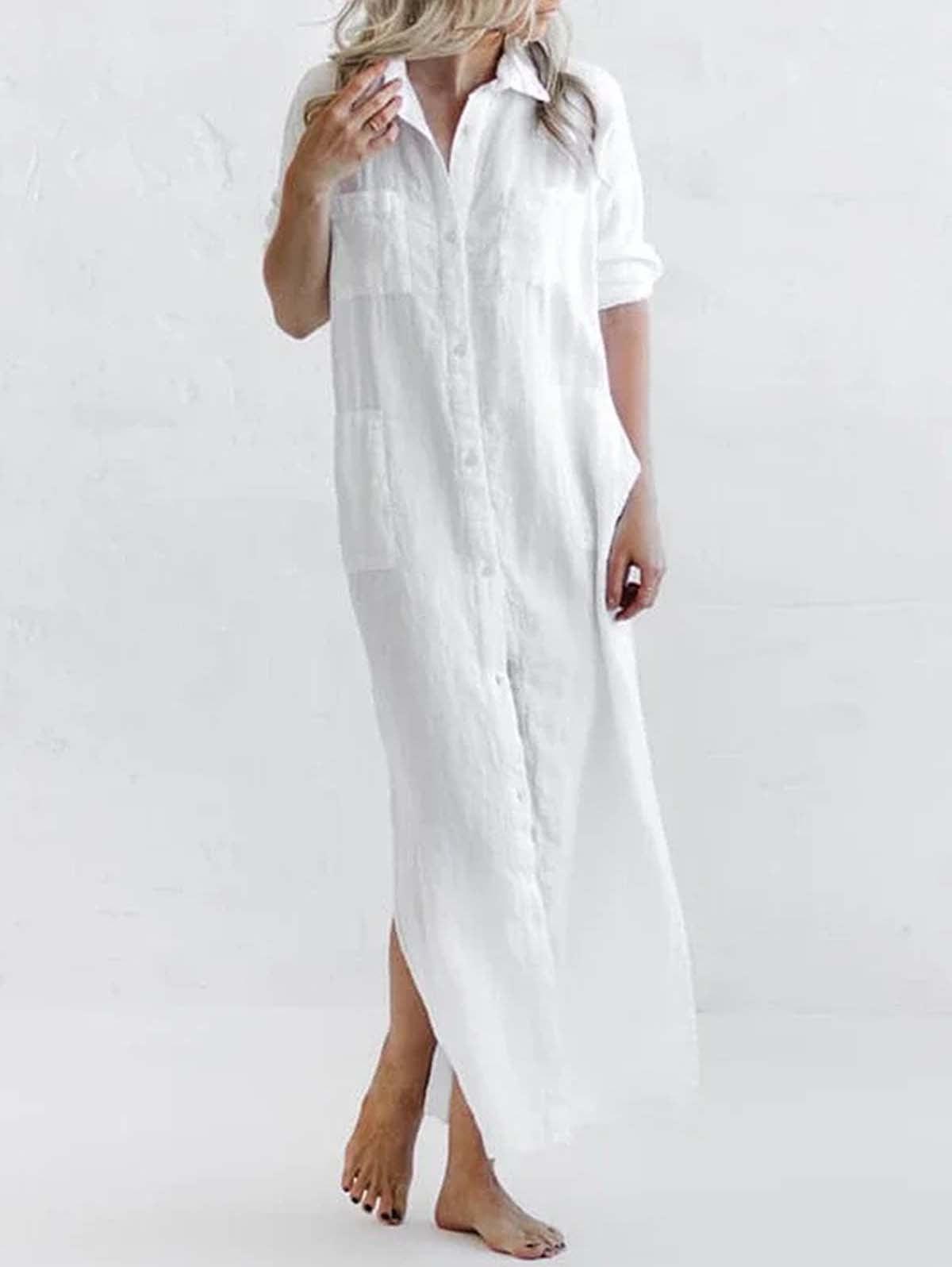 Casual Lapel Pocket Solid Color Split Shirt Dress