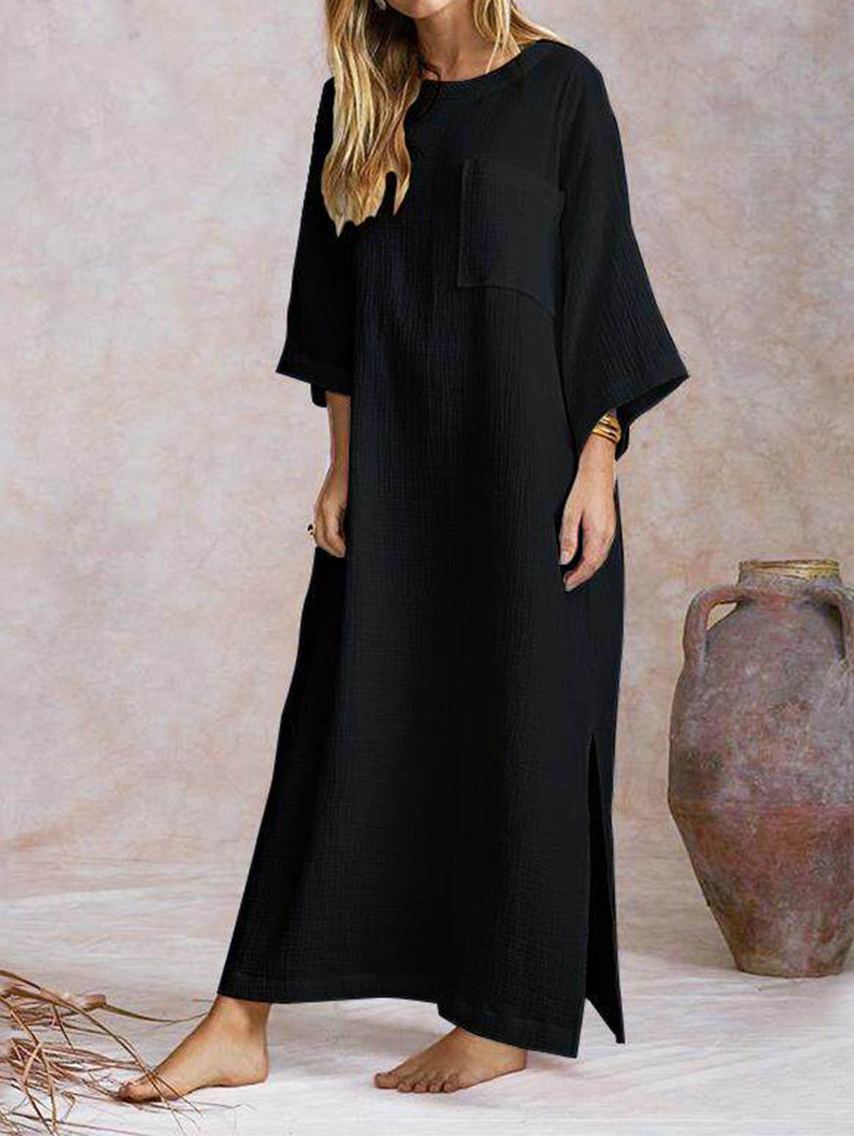 Casual Plain Crew Neck 3/4 Sleeve Loose Split Maxi Shift Dress