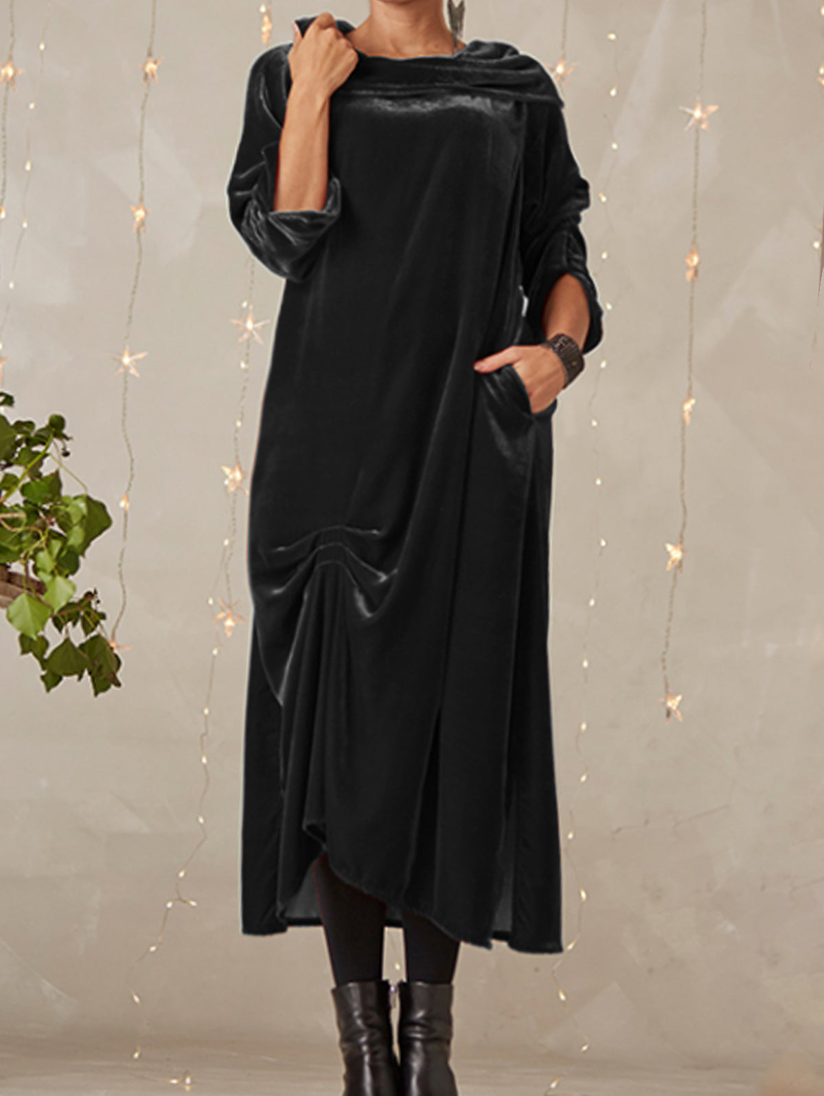 Cowl Neck Ruched Velvet Midi Dress