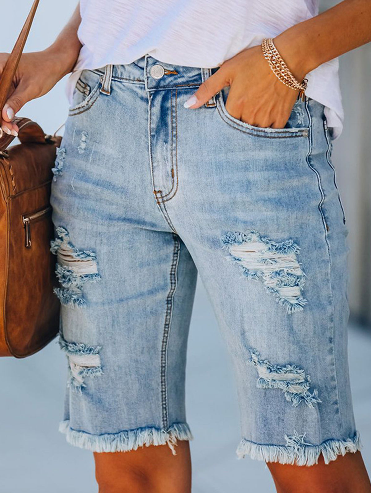 Fashion Plain Ripped Raw Hem Straight Denim Shorts