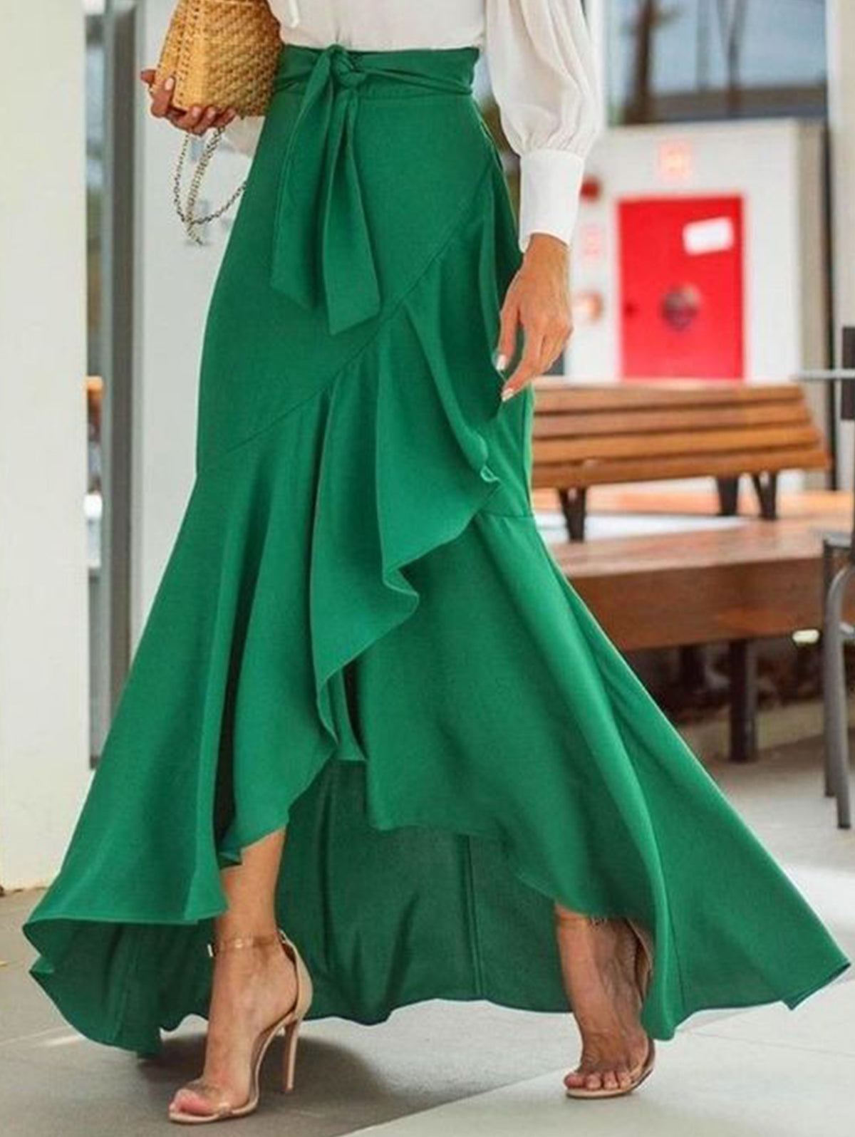 Elegant Plain Spliced Ruffle Mermaid Hem Knot Waist Skirt