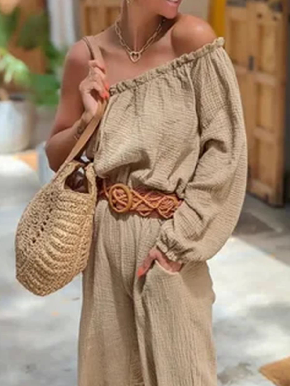 Casual Plain Loose Oblique Shoulder Long Sleeve Wide Leg Jumpsuit