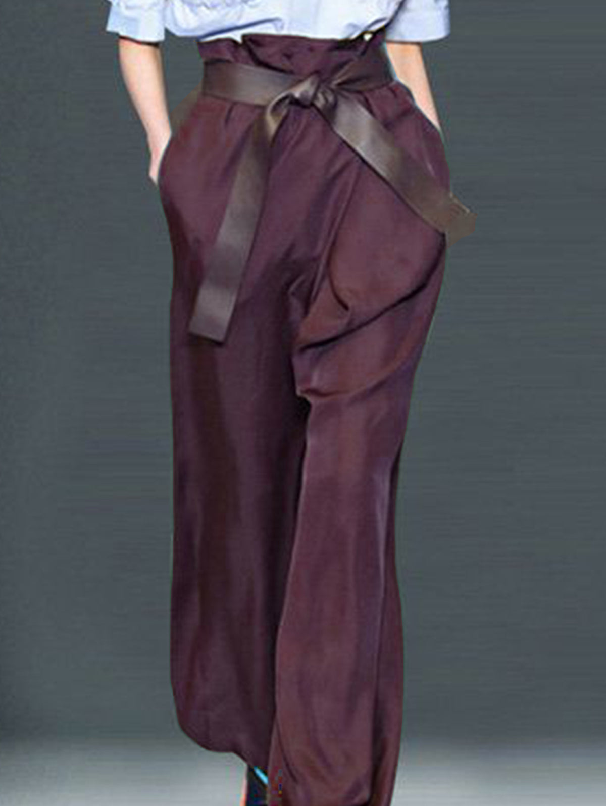 Fashion Plain Knot High Waist Loose Straight Pants