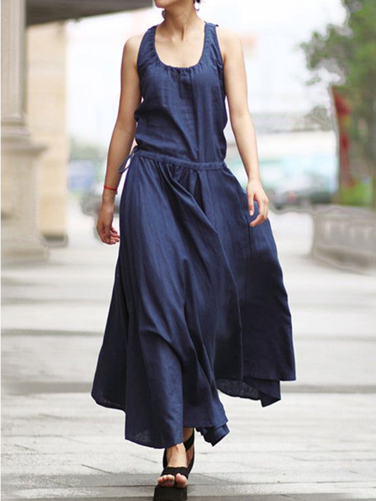 Casual Plain Scoop Neck Drawstring Ruched Sleeveless Maxi Tank Dress