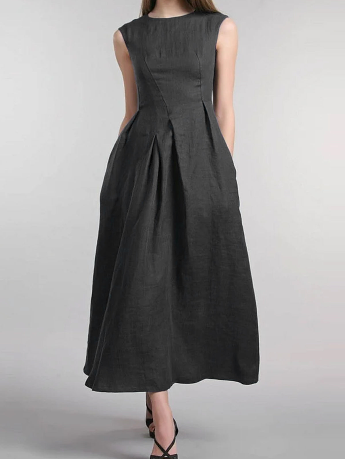 Casual Plain Crew Neck Sleeveless A Line Midi Tank Dress