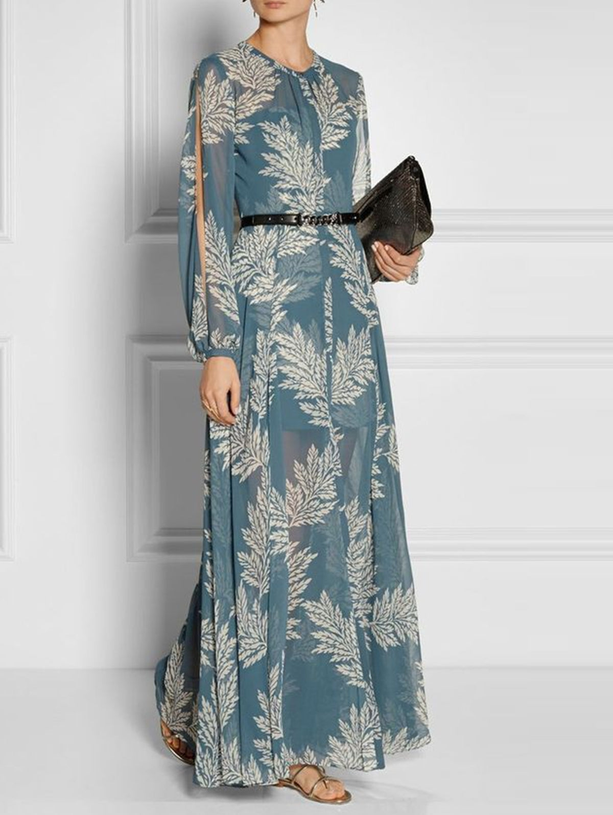 Elegant Crew Neck Foliage Print Split Sleeve A Line Maxi Dress