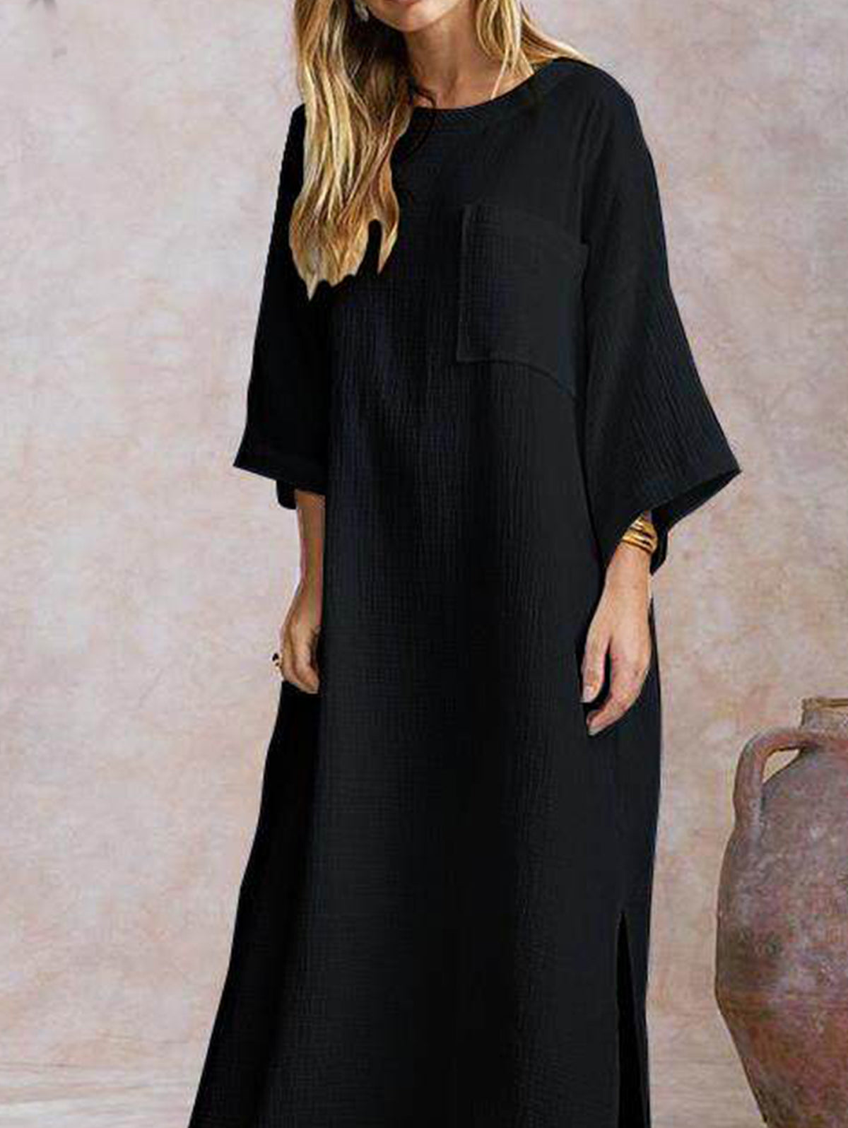 Casual Plain Crew Neck 3/4 Sleeve Loose Split Maxi Shift Dress