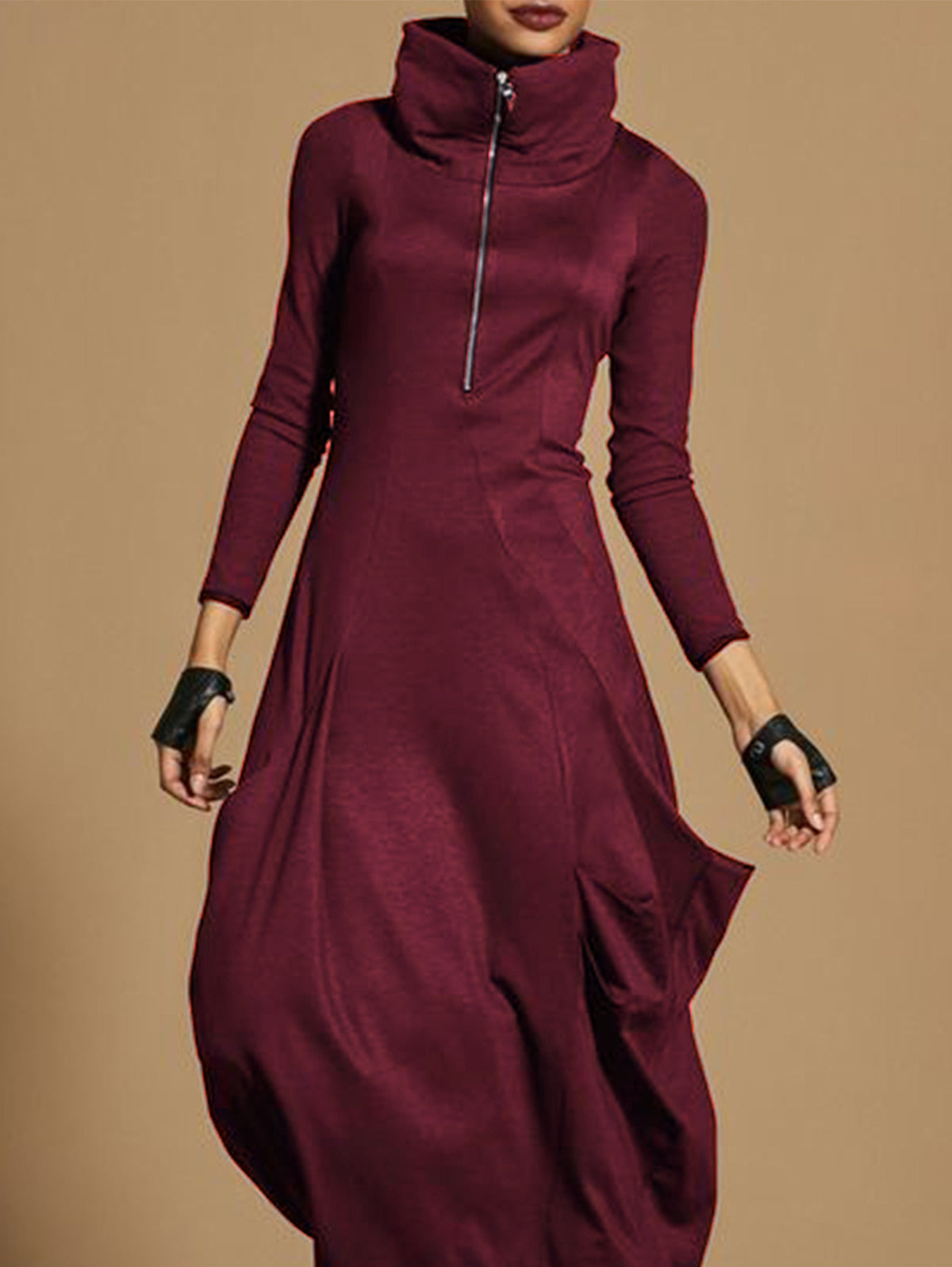 Solid Zipper Long Sleeve Turtleneck Maxi Dress