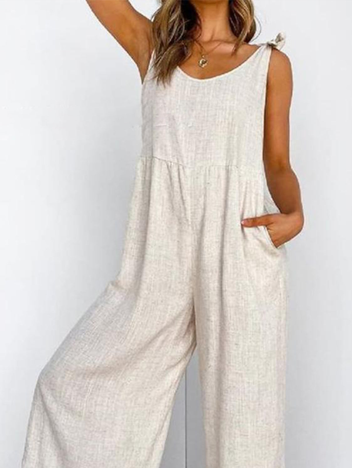 Casual Plain Scoop Neck Sleeveless Loose Wide Leg Cami Jumpsuit