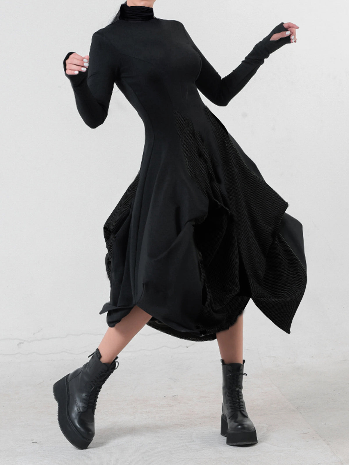 UR Cowl Neck Petal Hem Long Sleeve Casual Dress