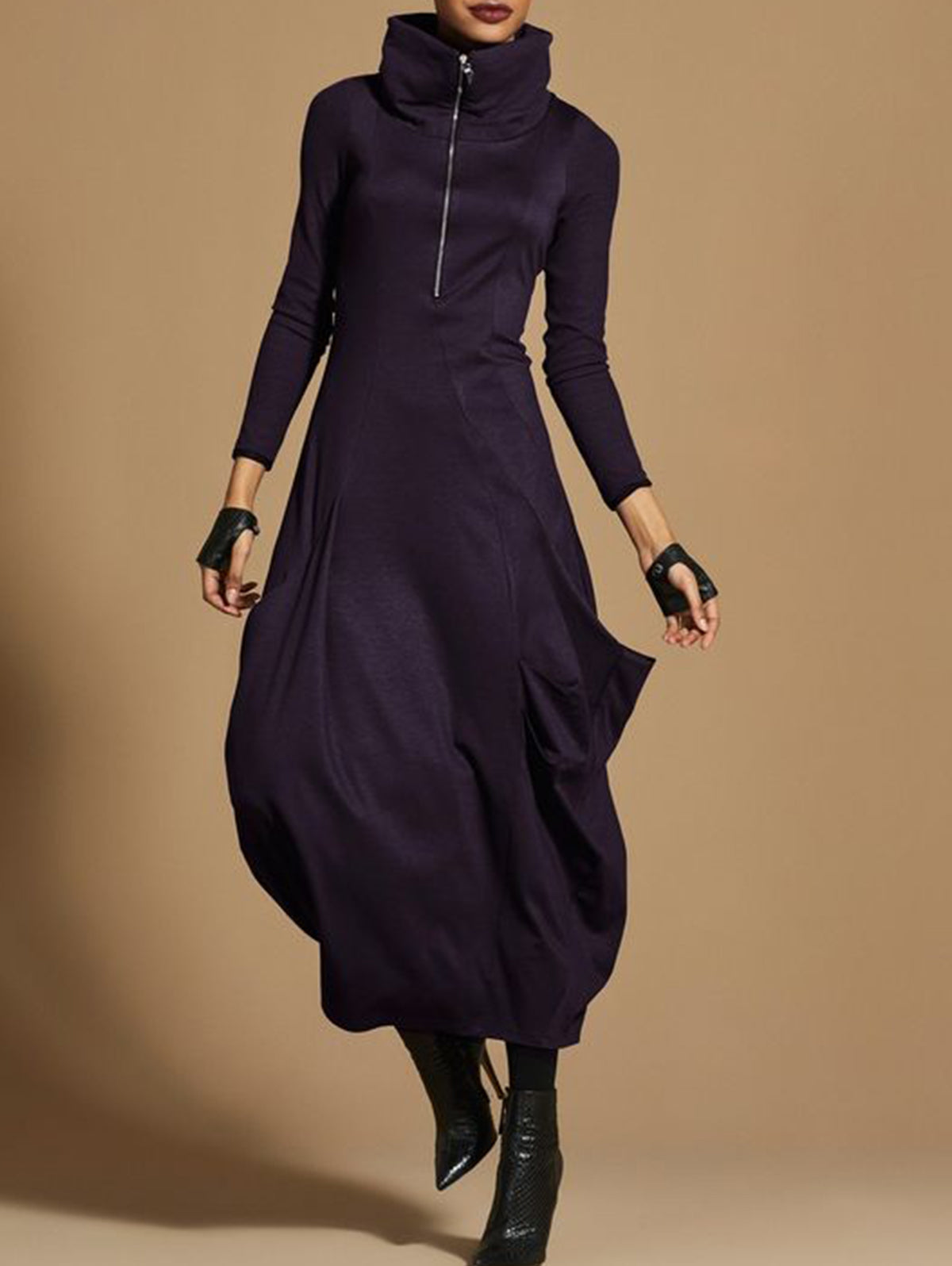 Solid Zipper Long Sleeve Turtleneck Maxi Dress