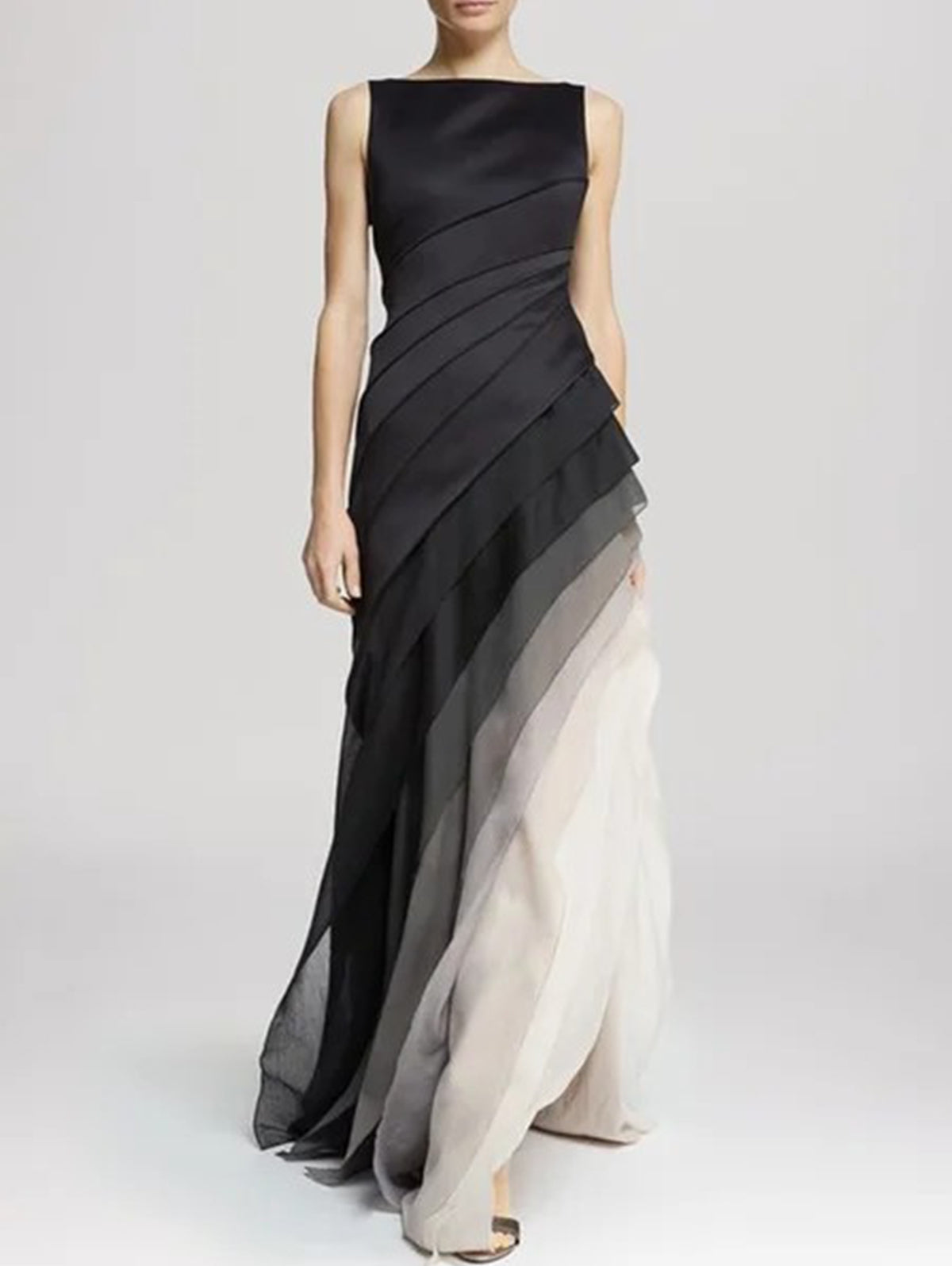 Elegant Boat Neck Multilayer Gradient Panel Sleeveless Maxi Dress