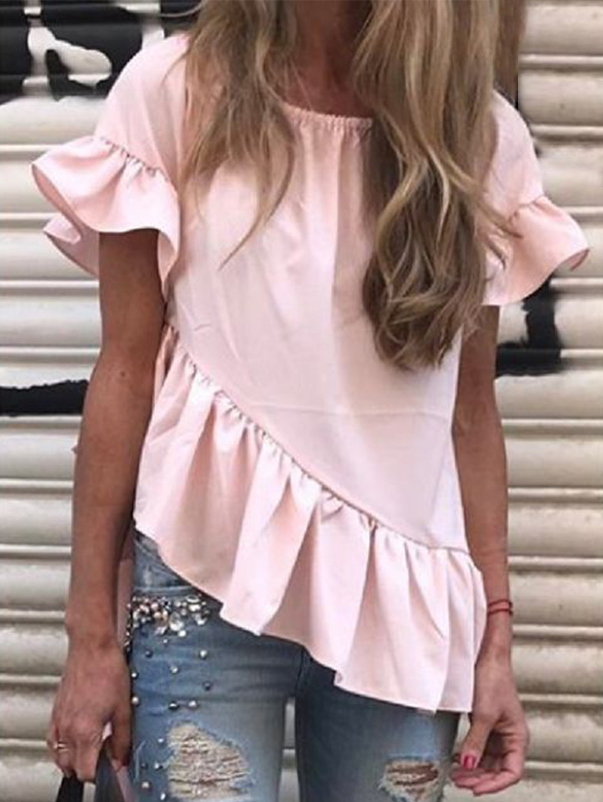 Cute Solid Color Flounce Sleeve Diagonal Hem Ruffle Shirt