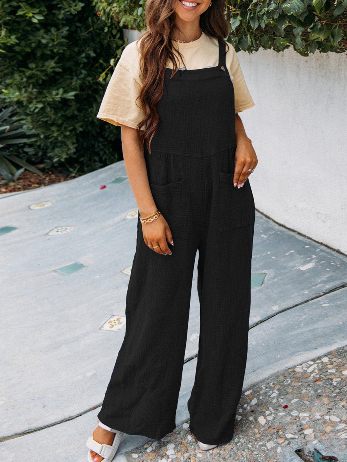 Casual Plain Sleeveless Pocket Loose Wide Leg Overalls