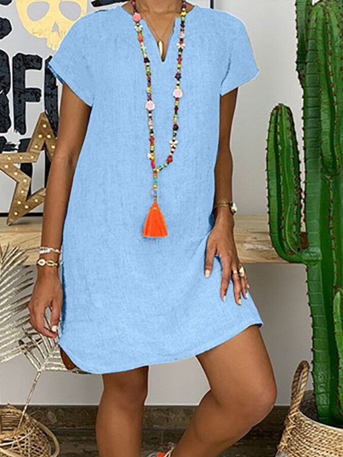 Short Sleeve V Neck Midi Dress