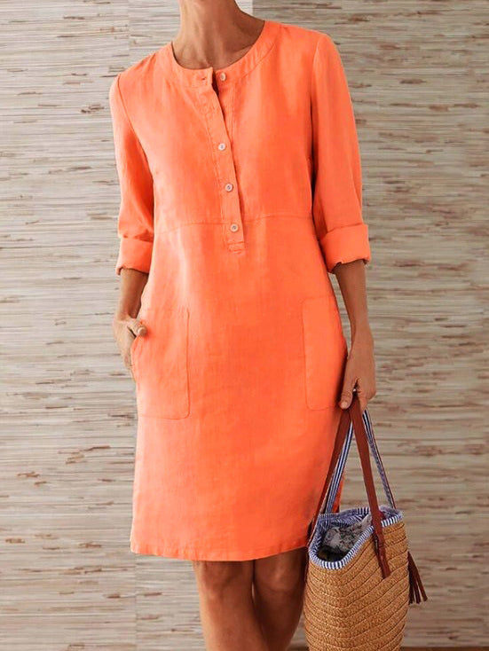 Solid Color Buttons Mid-length Sleeve Round Neck Dress