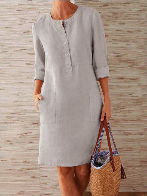 Solid Color Buttons Mid-length Sleeve Round Neck Dress